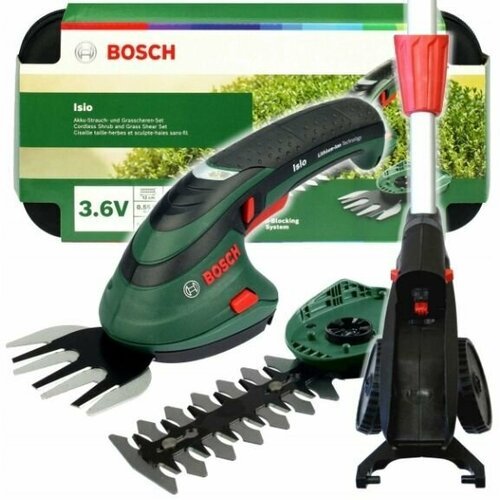 Ножницы аккумуляторные Bosch Isio с лезвиями для травы, кустарников и живых изгородей + телескопическая штанга на колесах