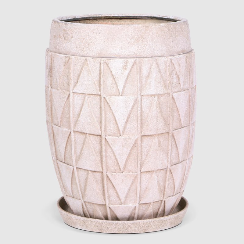 Горшок керамический цветочный Qianjin серый/бежевый с каймой с поддоном 31х31х41 см
